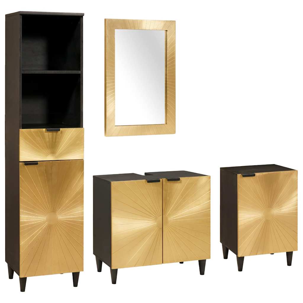 Bathroom Furniture Sets 4 pcs Black and Gold Solid mango wood